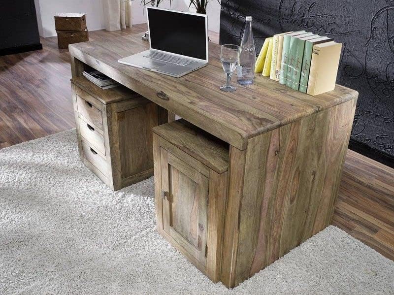 Massivmoebel24.de | Nature Grey massiver Rollcontainer #714 - Grau, geölt | aus Sheesham-Holz | 3 Schubladen - rollbar | 45x40x60cm | Schreibtisch-Schrank Container Beistellschrank