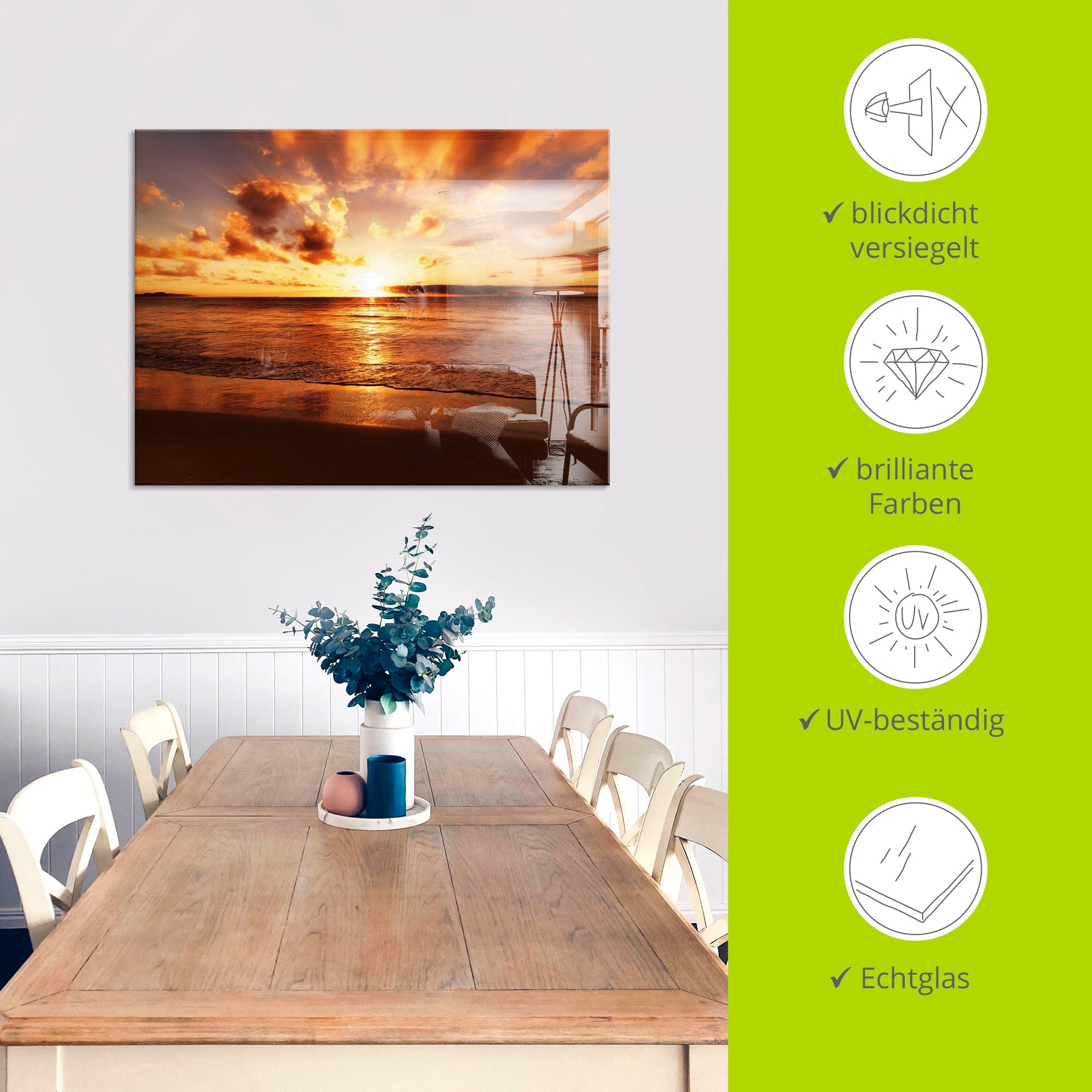 Artland Glasbild »Schöner Sonnenuntergang Strand« Gewässer 1 Stk. tlg. in verschiedenen Grössen