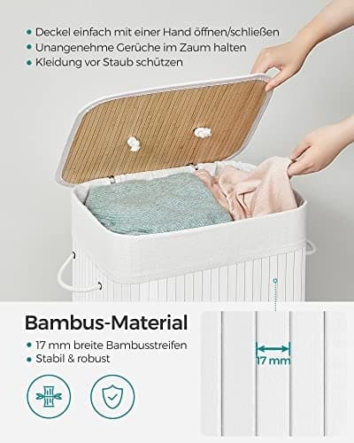 Sammenleggbar vaskekurv i bambus med lokk og vaskbar pose