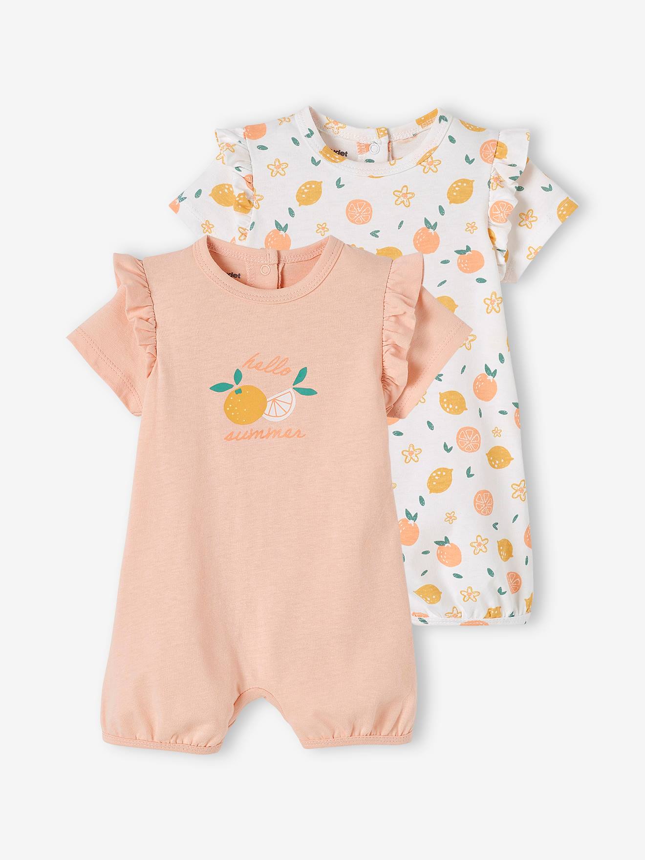 Conjunto com 2 pijamas curtos de body para bebê menina, em dois tons de rosa claro/multicolorido, com certificação Oeko-Tex®.