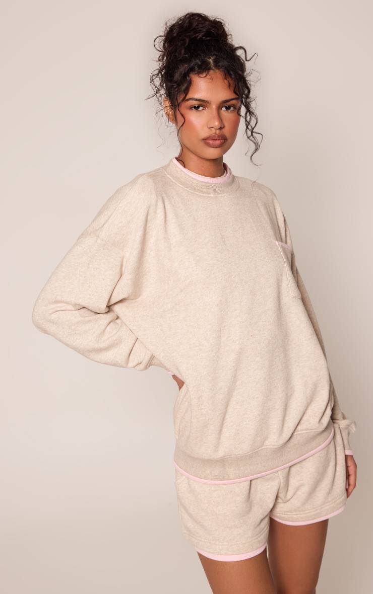 Rose Bébé Sweat-shirt Graphique Chiné Avoine À Bords Contrastés