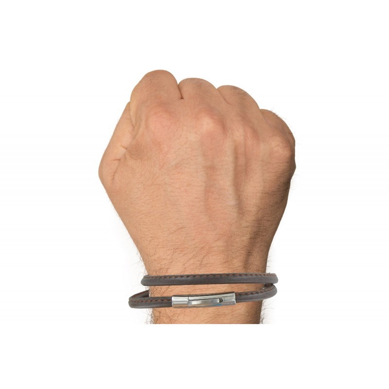 Bracelet Homme Cuir Marron Fin Cousu Fermoir Acier Inoxydable - Classics - Orange