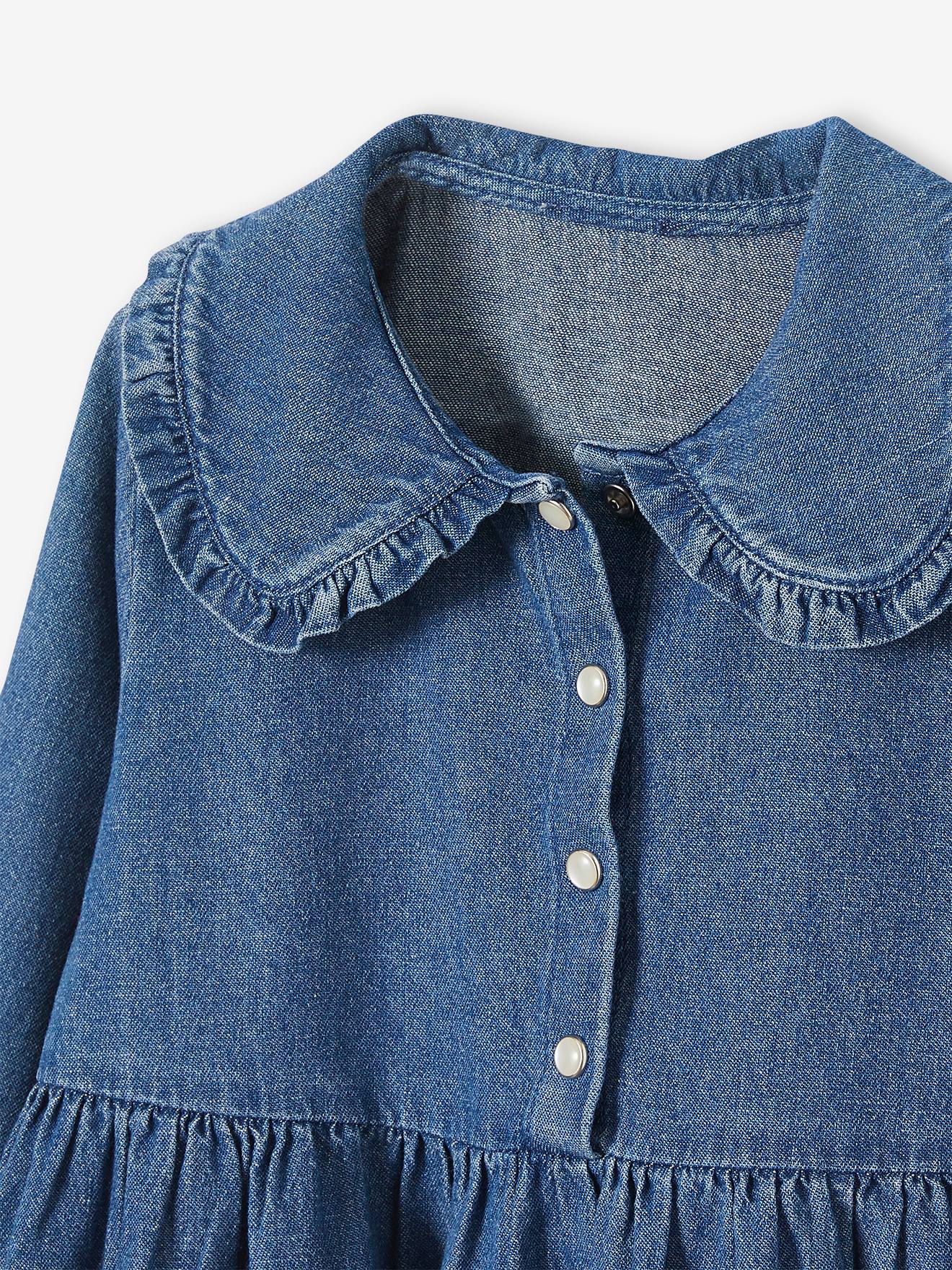Vestido jeans azul escuro liso com gola Peter Pan para meninas