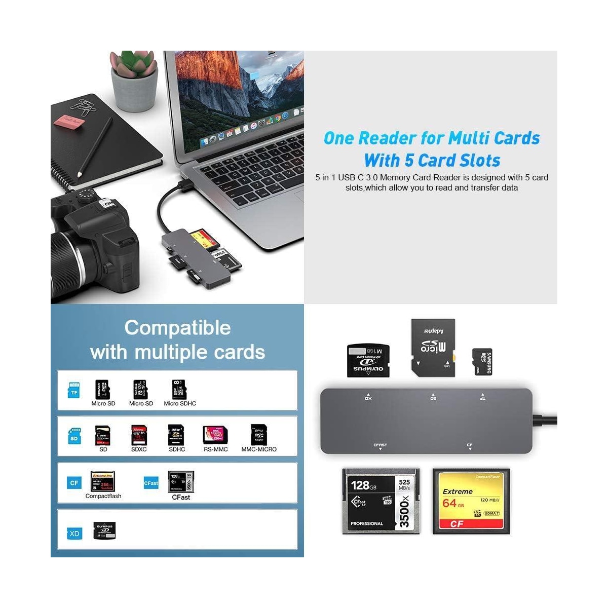 NÖRDIC USB-A 3.0 kortleser, 5 spor CFast, CF, SD 4.0, MicroSD 4.0, MS UHS-I