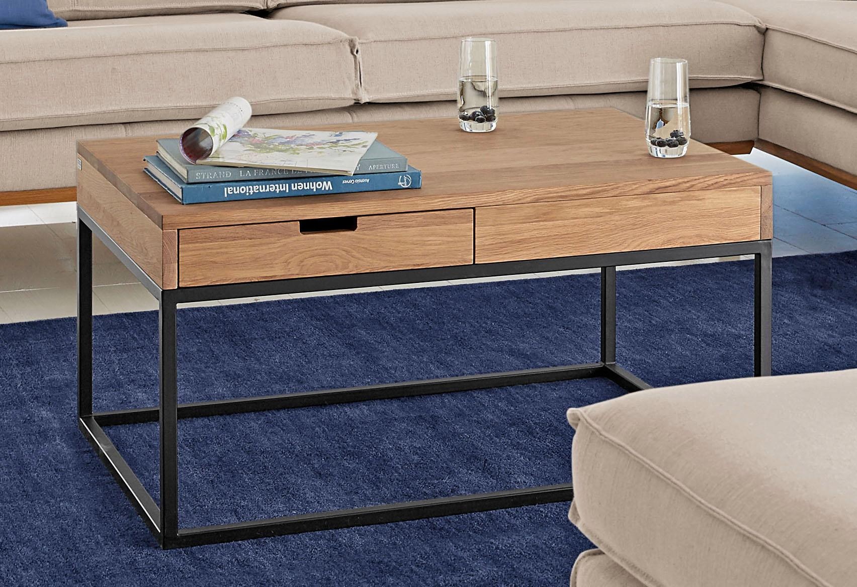Home affaire Couchtisch »Rava« B/T/H: 90/60/45 cm,  aus Eichenholz, FSC® zertifiziert, mit 2 Schubladen, Metallgestell
