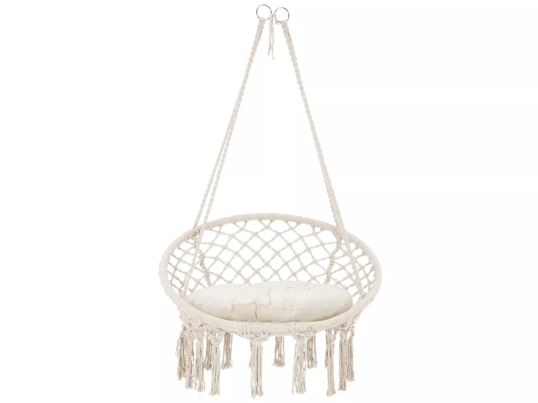 Fauteuil suspendu à franges avec coussin de siège macramé balançoire beige coton