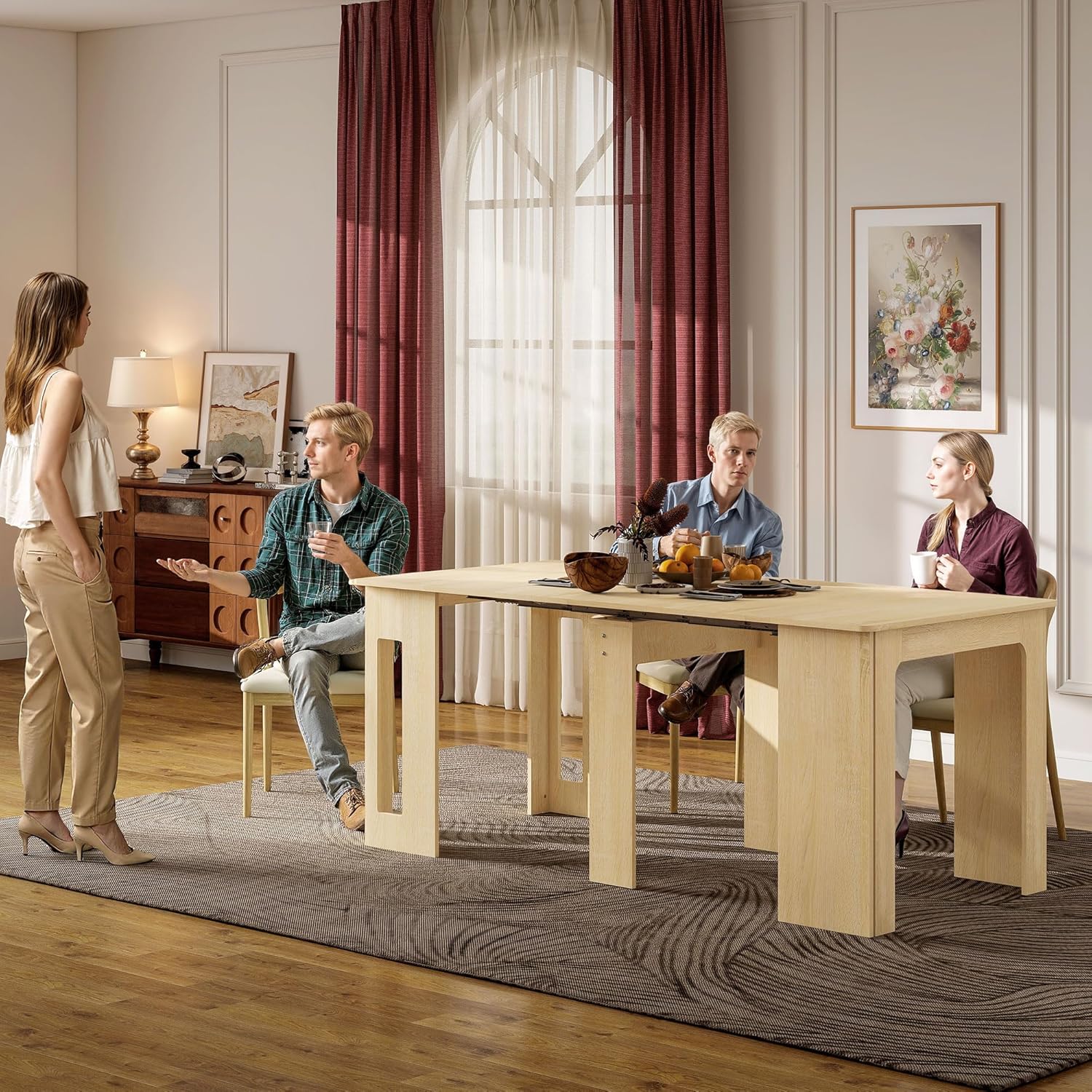 HOMCOM Esstisch, 60-180x85cm 3 Stufig Ausziehbar Küchentisch für bis 6 Personen, Modern Esszimmertisch, für Wohnzimmer, Esszimmer, Küche, Natur