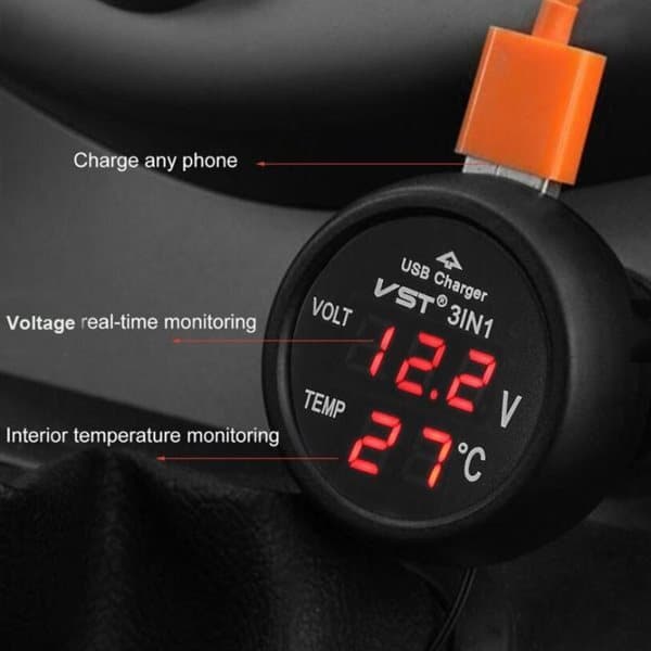 3-i-1 USB-biloplader med voltmeter og temperaturmåling