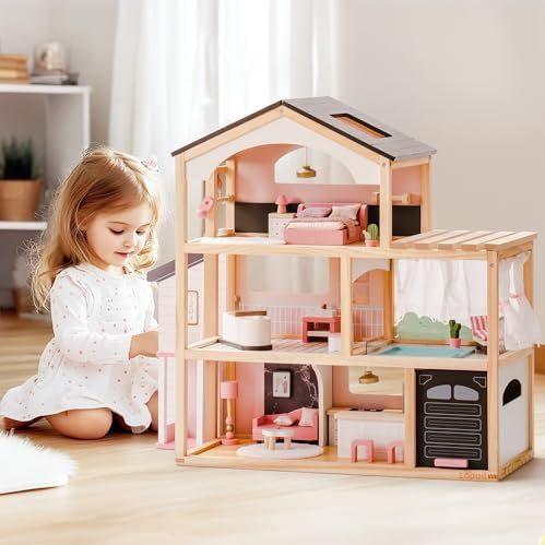 ROBUD - Poppenhuis - Zwart - Poppenvilla met Meubels - Inclusief Lift en Garage