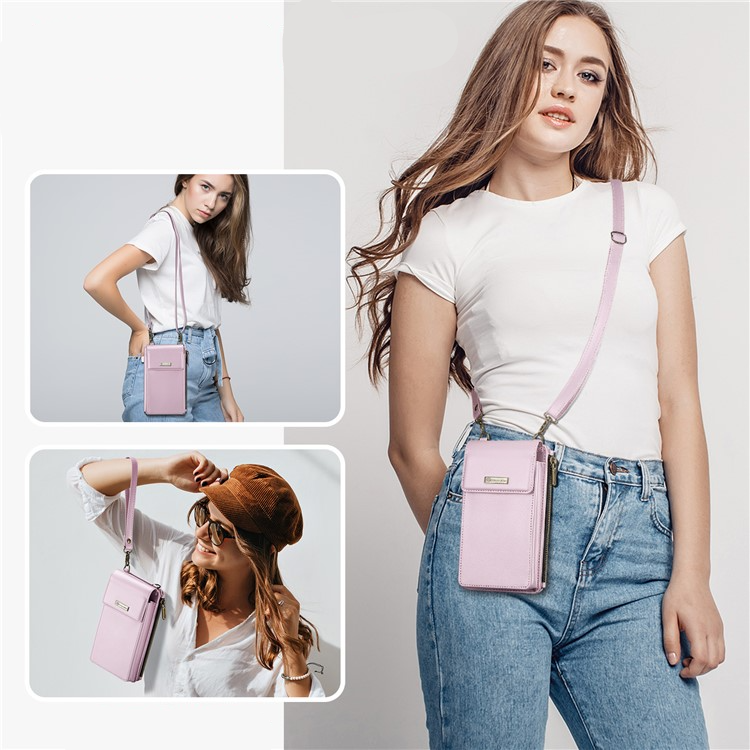 (17x10x3cm) Universal Handy Leder Umhängetasche Portemonnaie Fashion Crossbody Bag (RFID Schutz) - Rosa