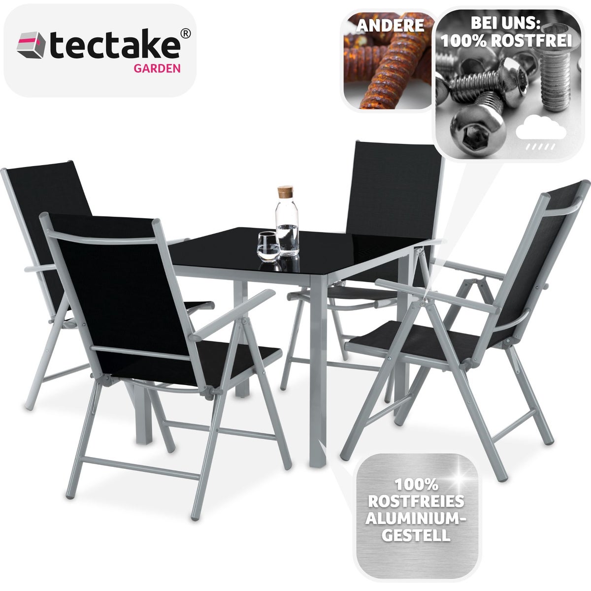 tectake Stabia zitgroep met aluminium frame, voor 4 personen, tafel met veiligheidsglasplaat en stelschroeven