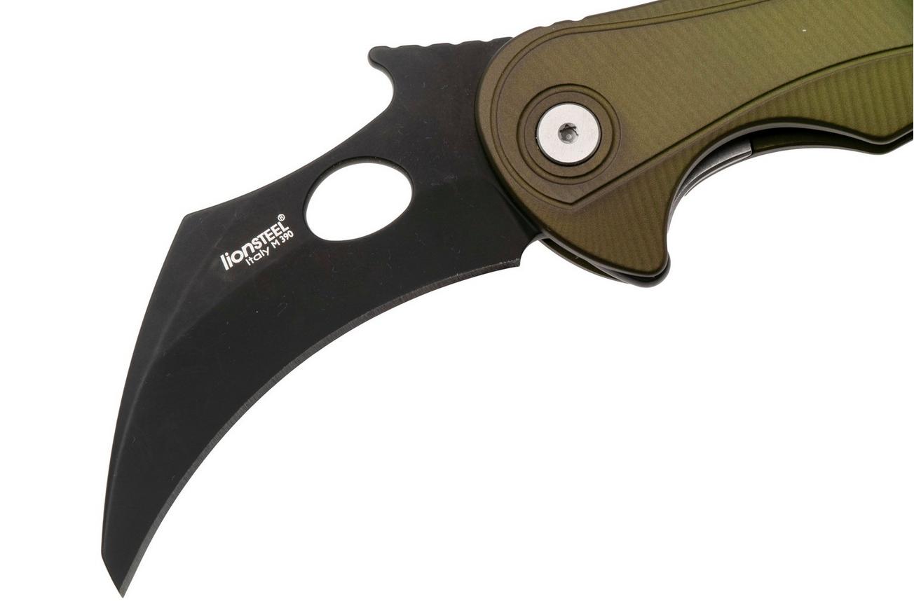 LionSteel L.E.One Mid LE2-GB, Old Black M390, Green Aluminum, karambit zakmes
