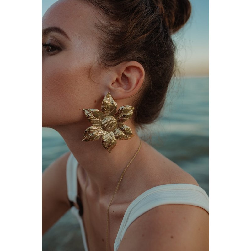 maxi boucles d'oreilles puces fleurs doré à l'or fin - HESPÉRIS