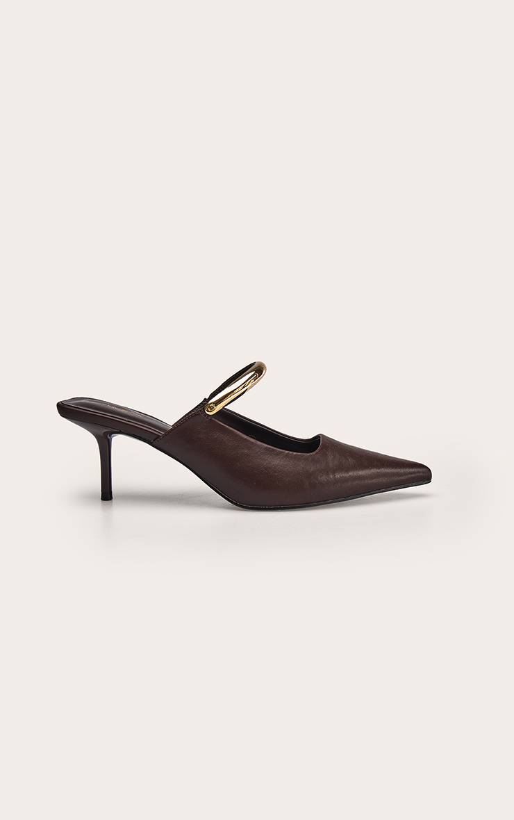 Chocolat Mules À Talons Bout Pointu Avec Détail Doré