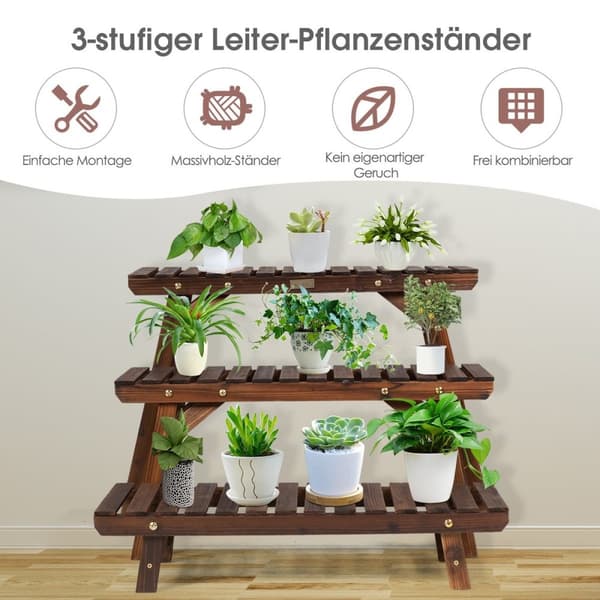 Plantestativ i tre 3-lags hjørneplantehylle 3-delt. Brunt blomsterstativ
