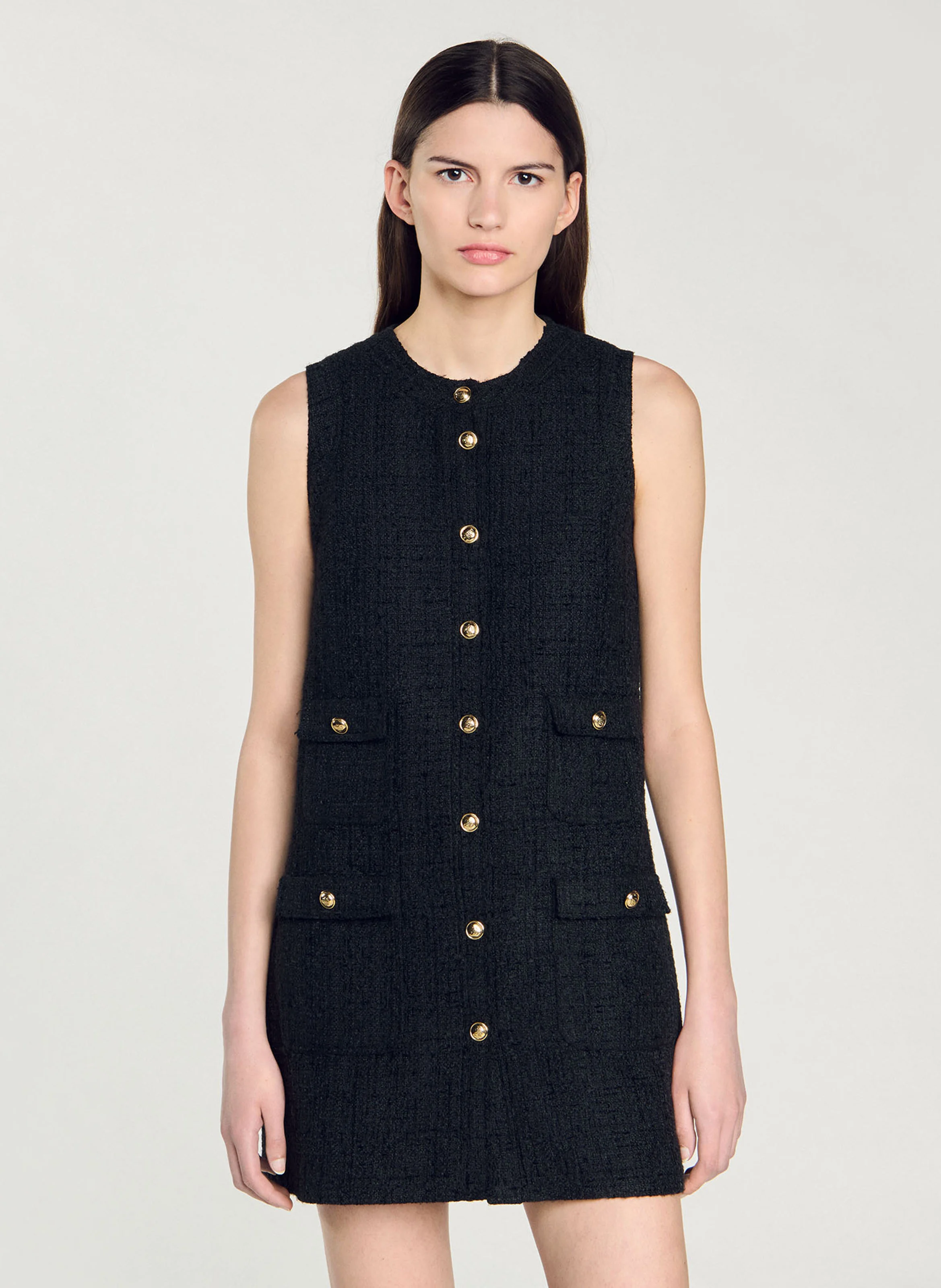 Roe courte col rond en tweed | Noir