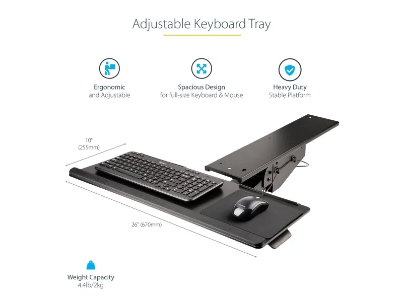 StarTech.com Under Desk Keyboard Tray, Full Motion & Height Adjustable Keyboard and Mouse Tray, 10