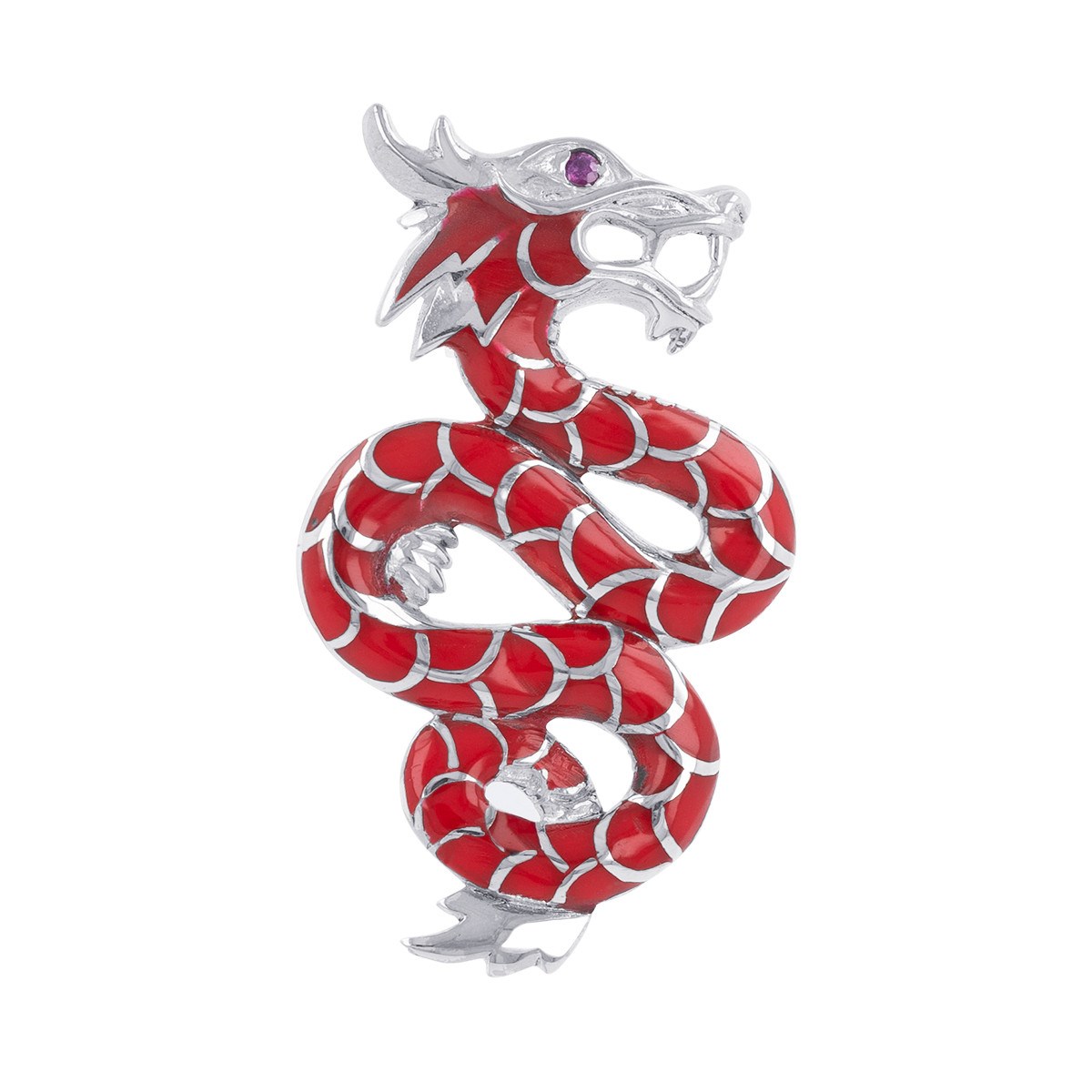 Pendentif dragon argent massif Corail Zirconium rouge