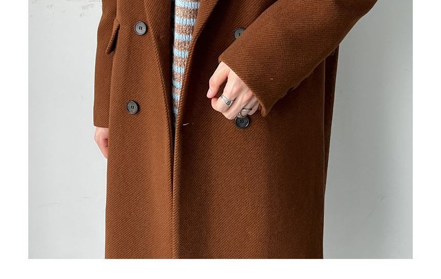Freehop - Peak Lapel Plain Midi Double-Breasted Coat