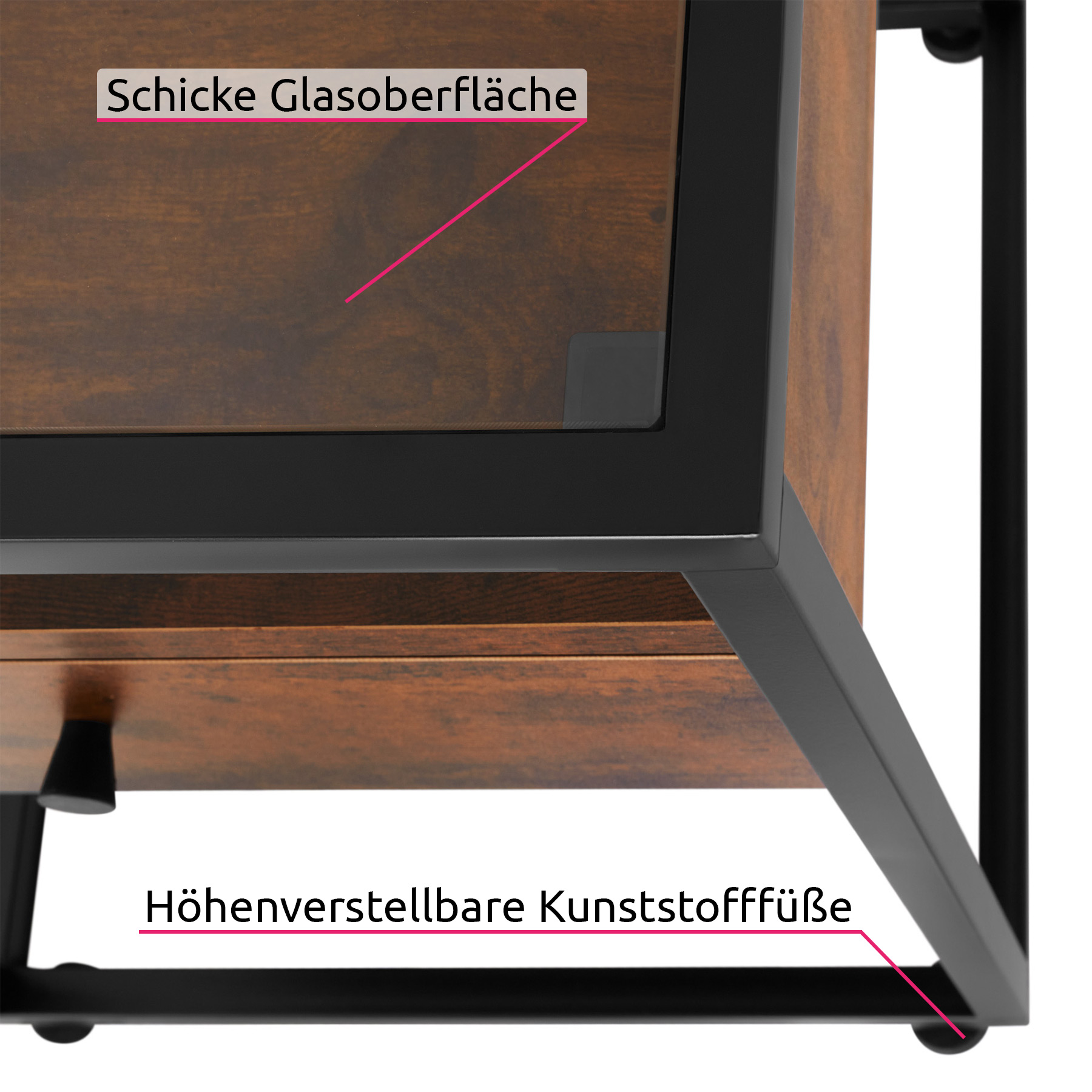 tectake® Nachttisch, Industrial Style, mit Glasplatte und Schublade, 43 x 45 x 54,5 cm