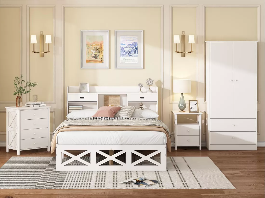 Armoire avec 2 portes et 2 tiroirs en panneaux de particules - H 175cm - Blanc