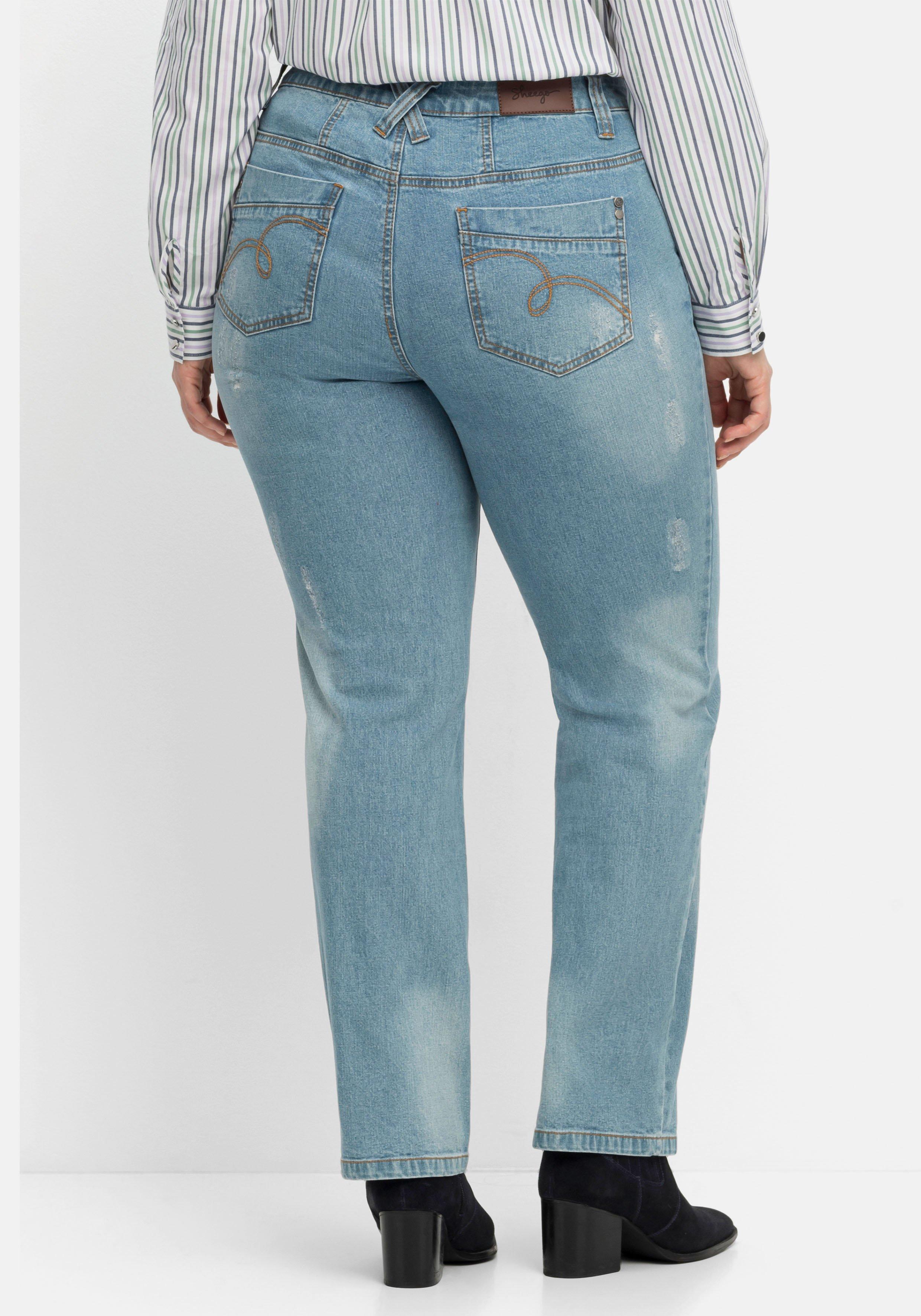 Gerade Jeans mit Destroyed-Effekten und Catfaces