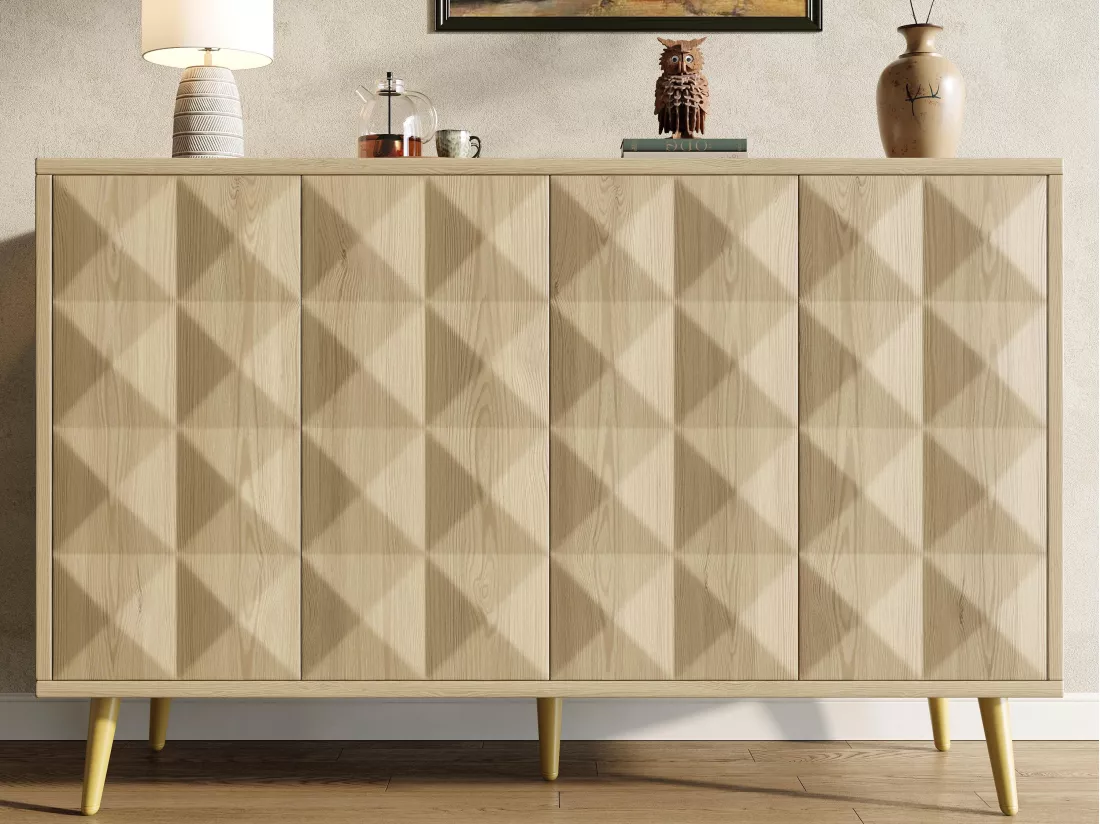 Buffet moderne - 4 portes - design géométrique - MDF - Naturel