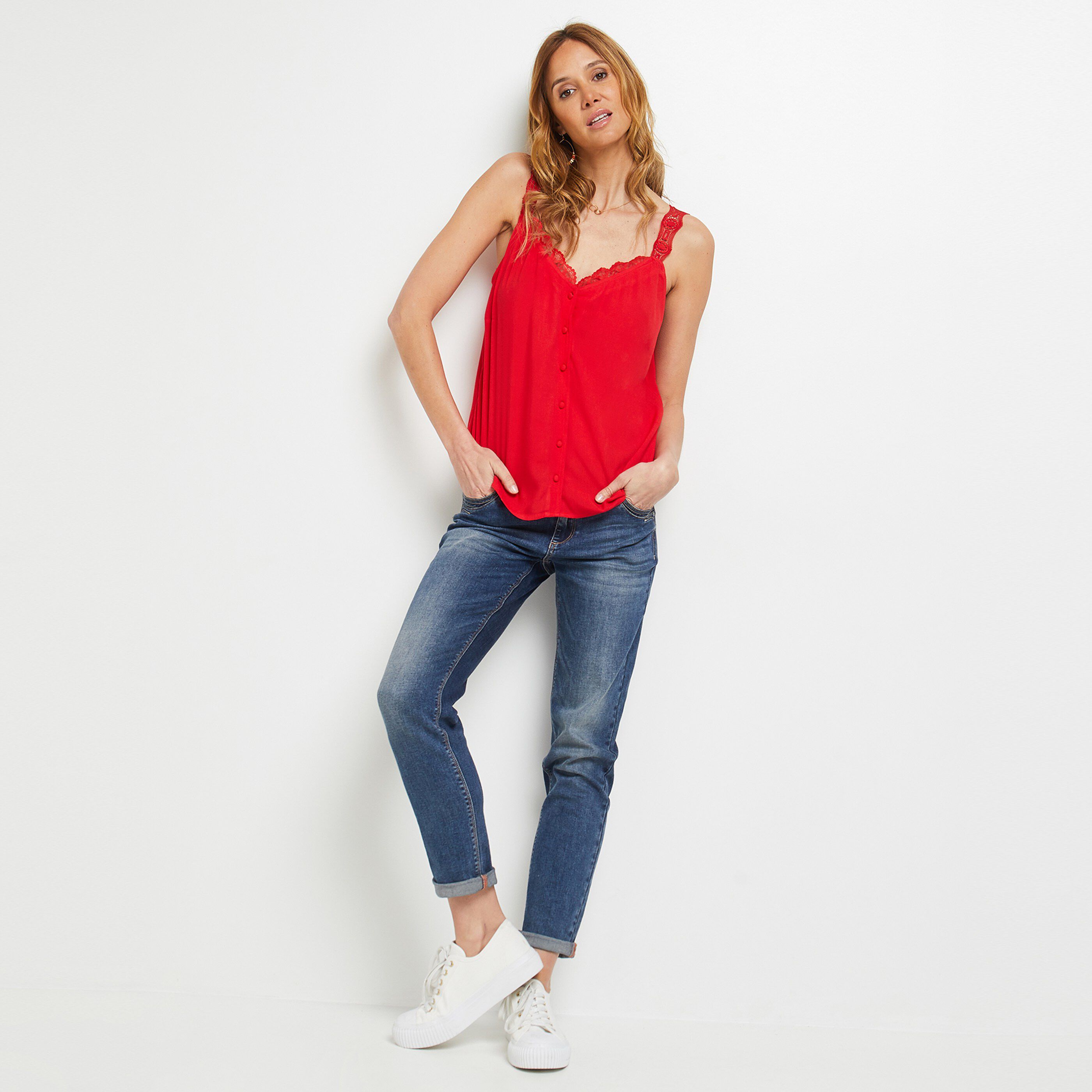 Débardeur bretelles en dentelle femme - ROUGE