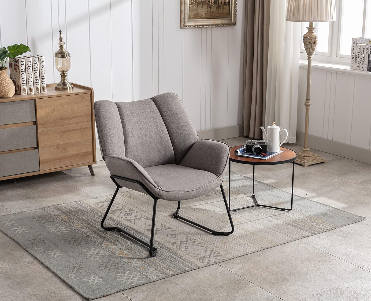 Sessel Wohnzimmer Loungesessel modern Lesesessel gepolstert Ohrensessel mit Metallbeinen für Schlafzimmer/Wohnzimmer, Leinen, Grau