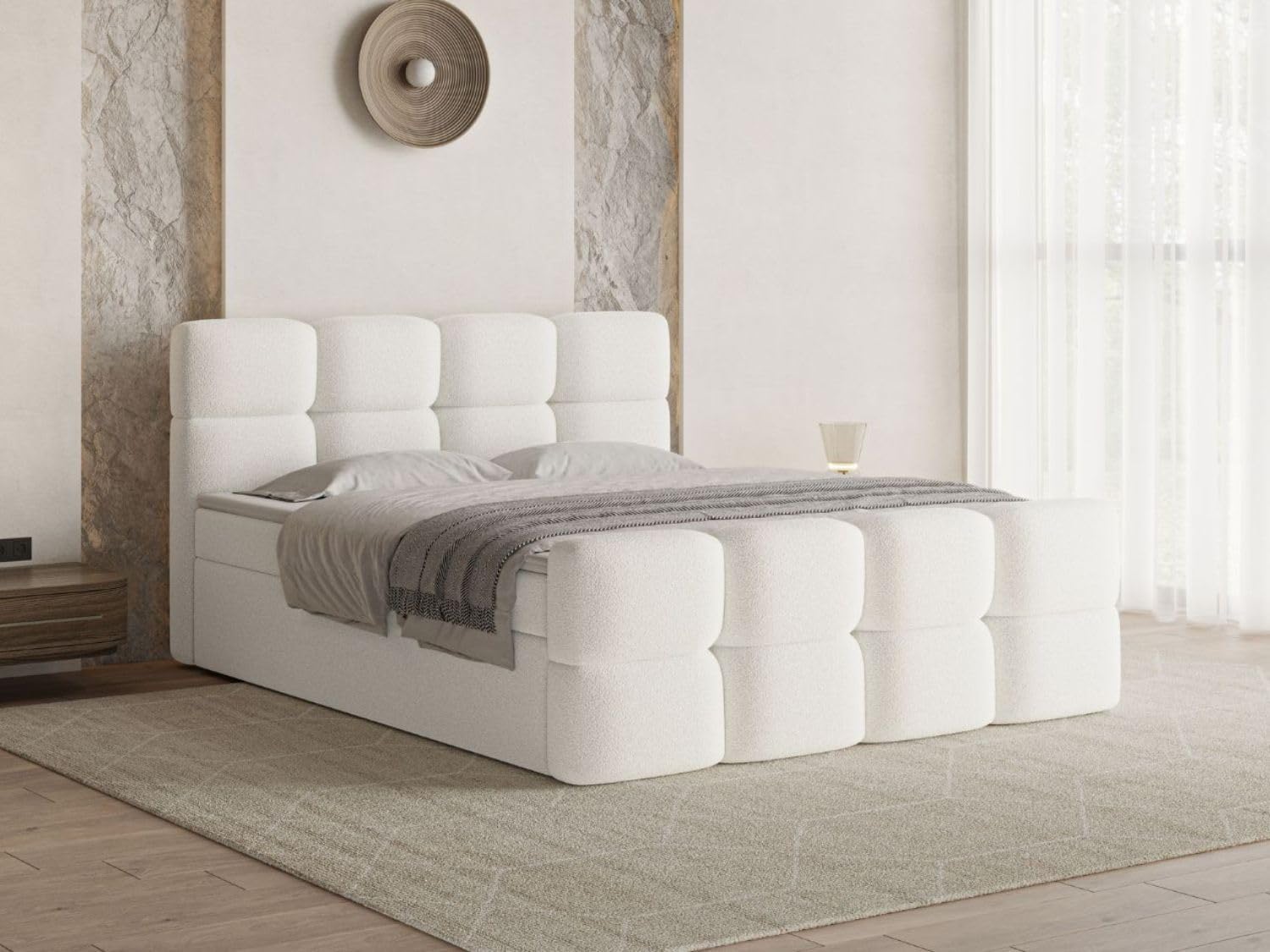 GRAINGOLD Rivon Bett, Boxspringbett mit Bettkasten, Polsterbett mit Bonell-Matratze, Boucle Stoff, mit Topper, mit Kopfteil (Creme, 160x200)