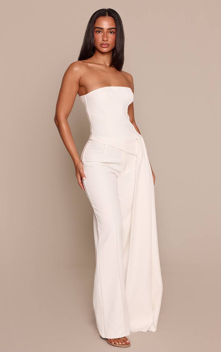 Blanc Pantalon Large Taille Petite À Coutures Frontales En Tissu Tissé Ajusté Coordonné