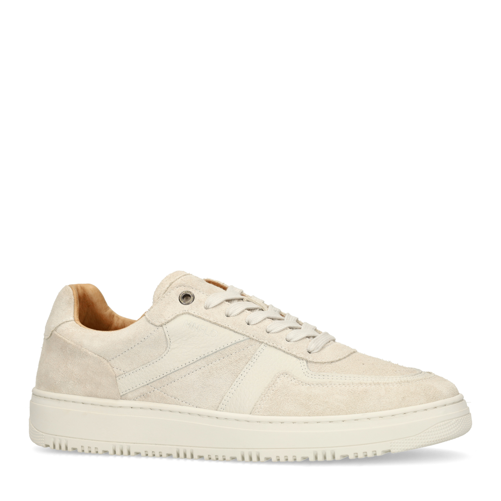 Lichtgrijze suède sneakers met leren details