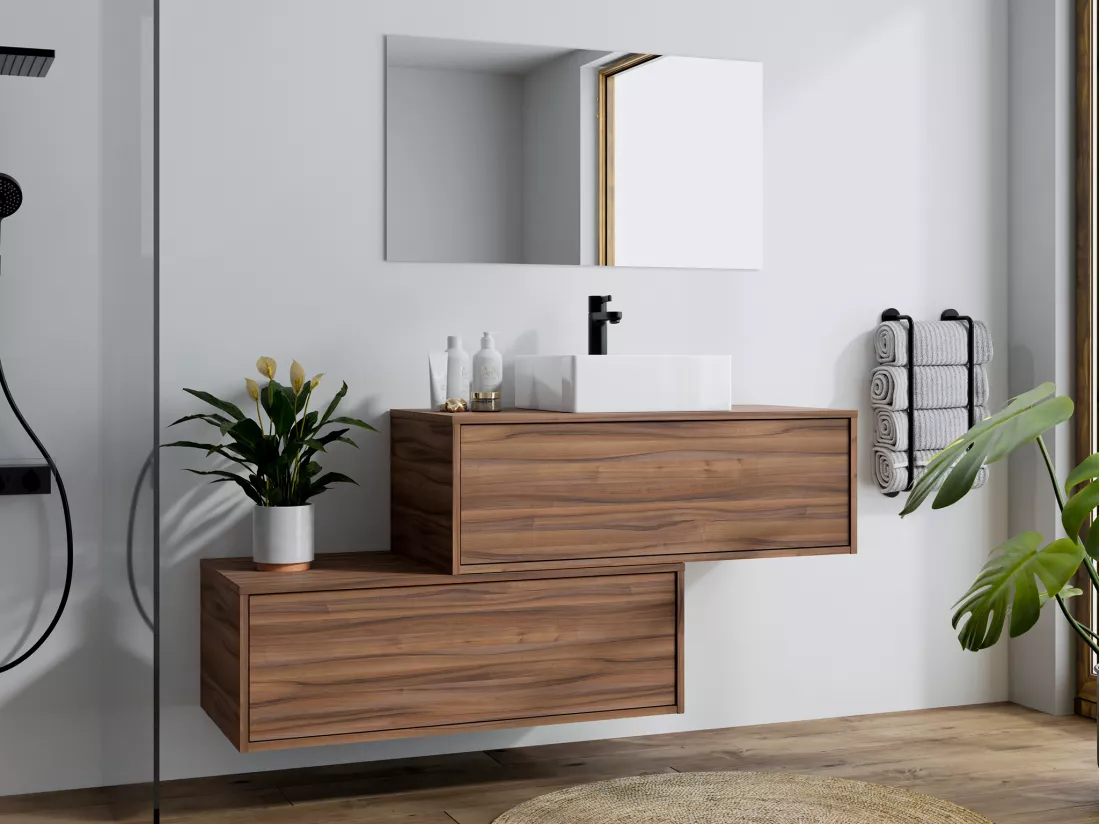 Meuble de salle de bain suspendu naturel foncé avec simple vasque carrée et deux tiroirs - 94 cm - TEANA II