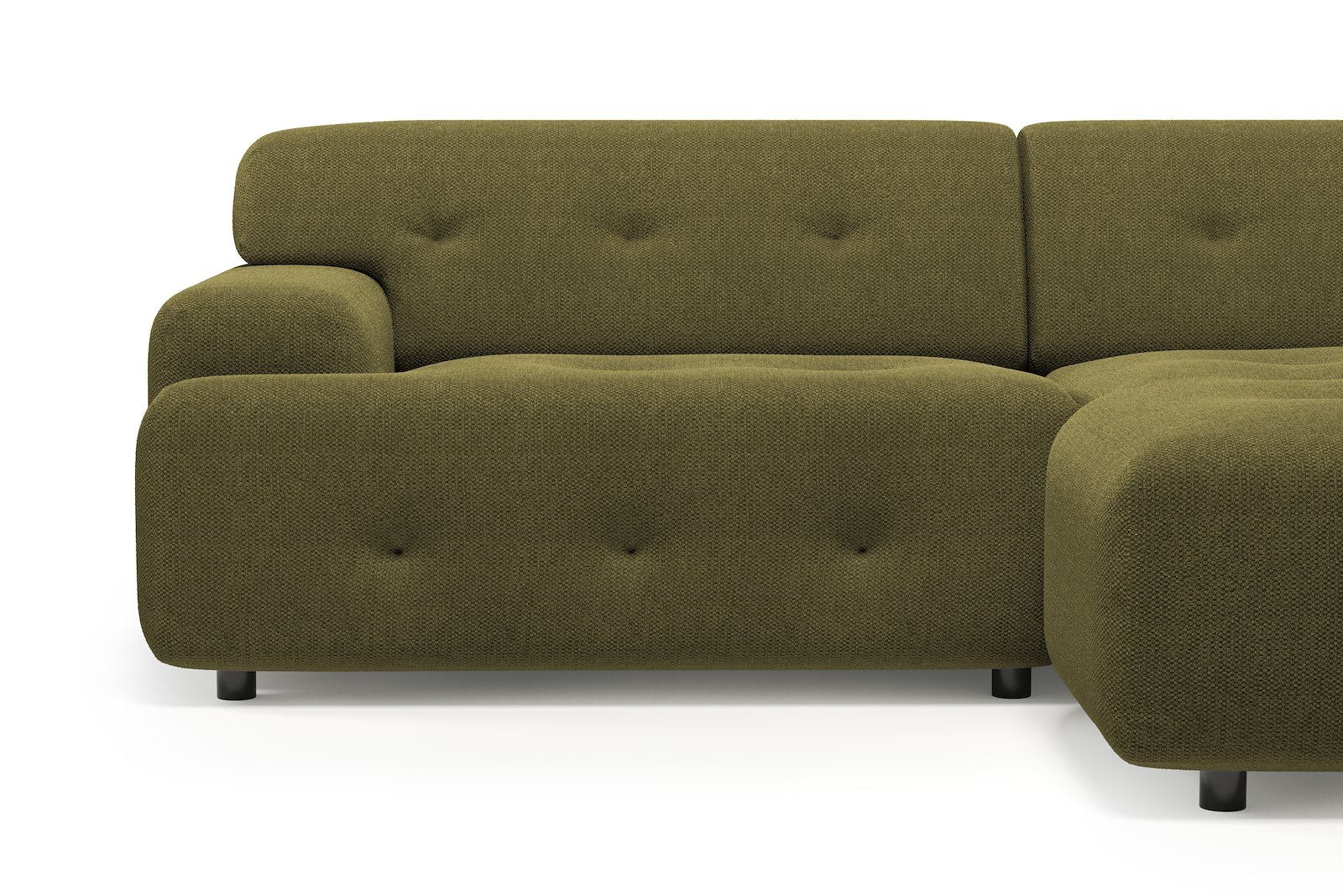 Bob sofa 1,5-seter med sjeselong høyre. Tekstil Mito 88 Moss Green med sorte ben.