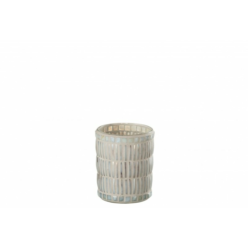 Bougeoir mosaïque rond en verre et ciment gris 10x10x12cm