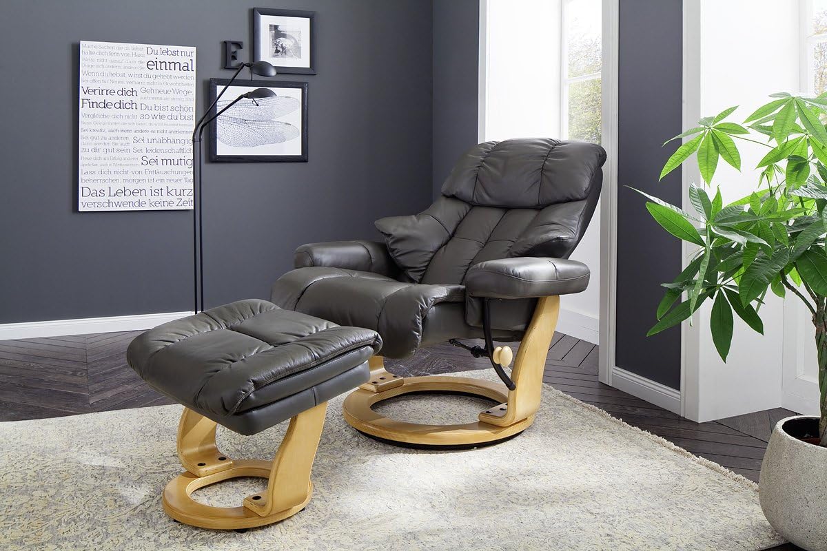 Robas Lund Relaxsessel Calgary XXL mit Hocker, bis 180 kg belastbar, Echtleder schlammfarben, Gestell Holz natur