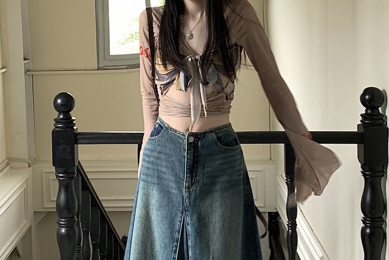 Auboi - Hoge taille gewassen maxi A-lijn denim rok