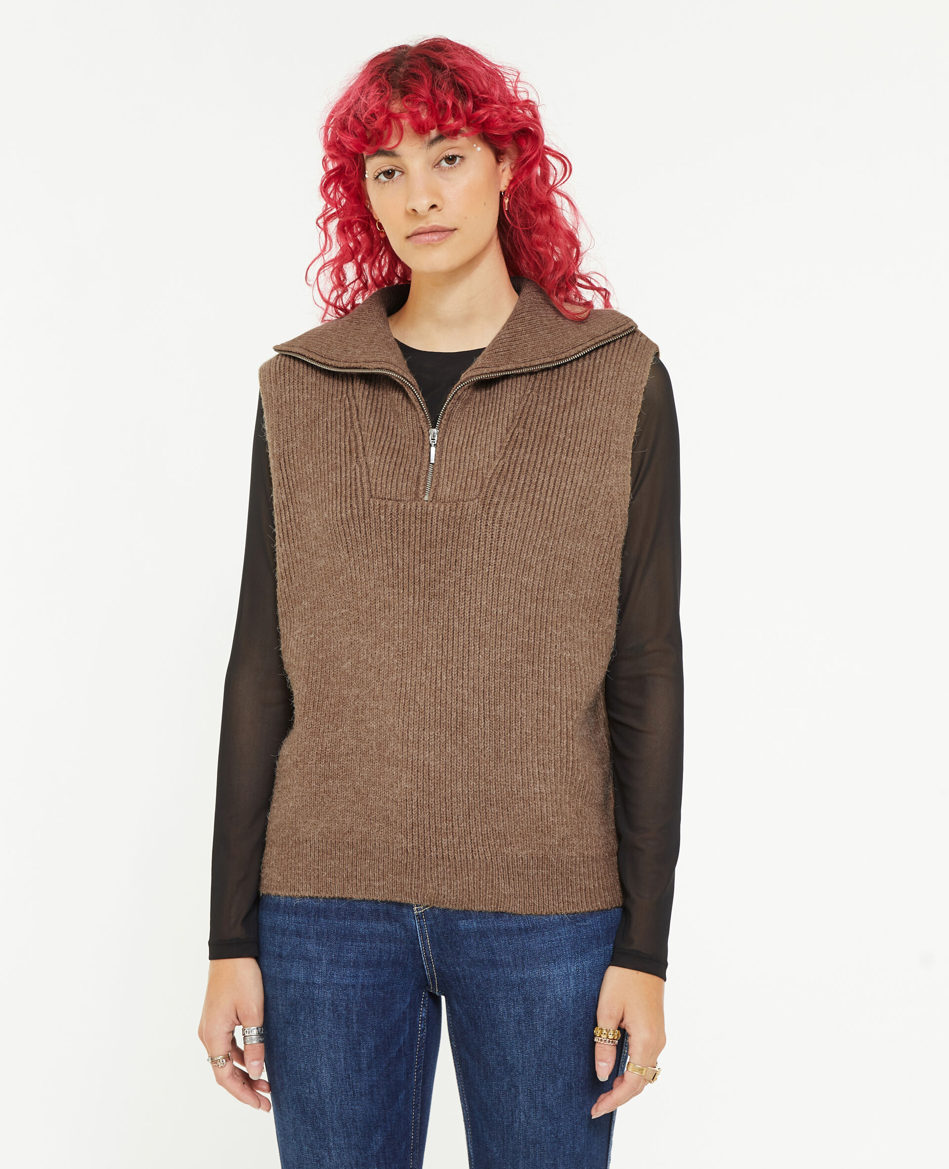 Pull sans manches à col camionneur - Taupe