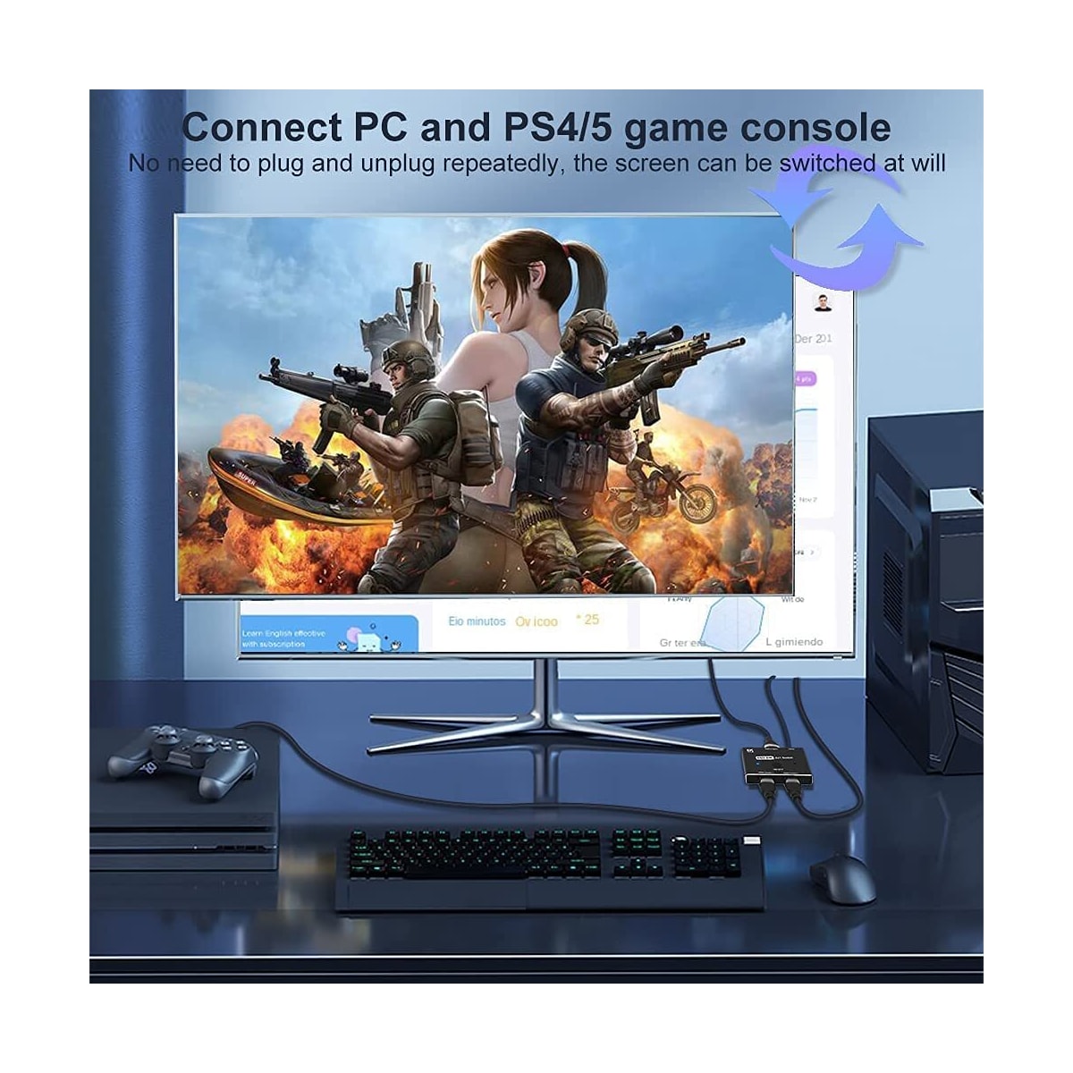 NÖRDIC HDMI-svitsj 2 til 1 8K60Hz 4K120Hz 48Gbps HDR HDCP2.3 Surround 7.1 CEC