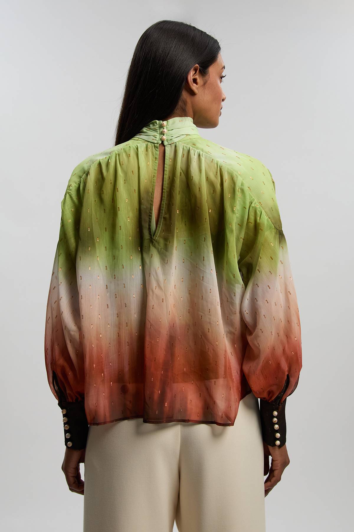 KarenMillen Blouse Tissée À Manches Bouffantes Avec Imprimé Ombré Métallisé