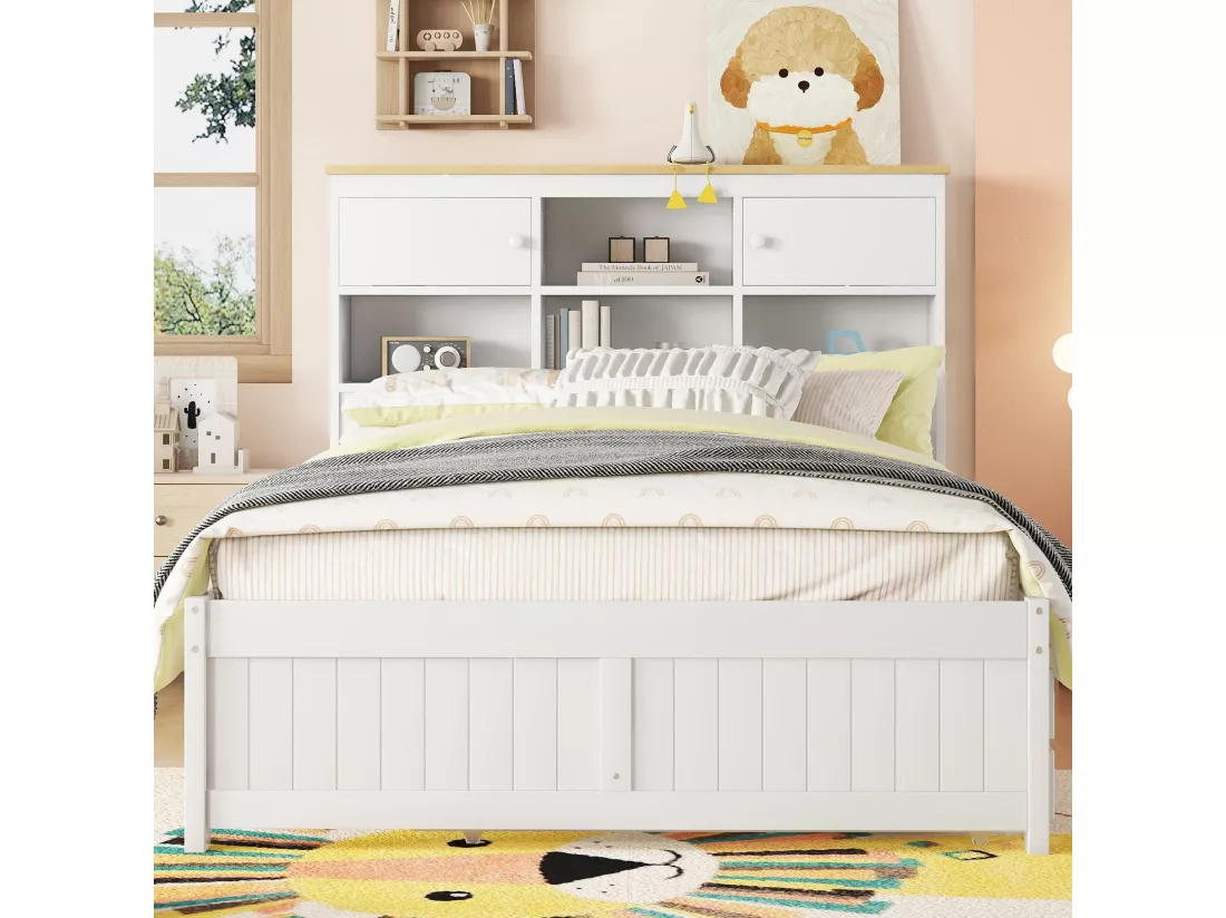 Lit gigogne avec rangements et 3 tiroirs - 140 x 200 et 90 x 190 cm - bois MDF - blanc - LOSIANA