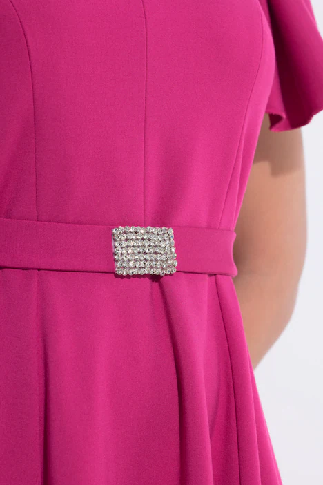 Midi-Abendkleid, Zierschleifen, V-Ausschnitt, ärmellos, magenta