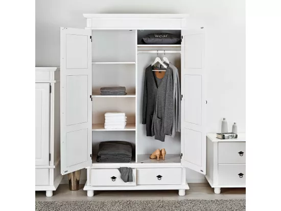 TRISTAN - Armoire 2 Portes 2 Tiroirs Bois Massif Vernis Blanc