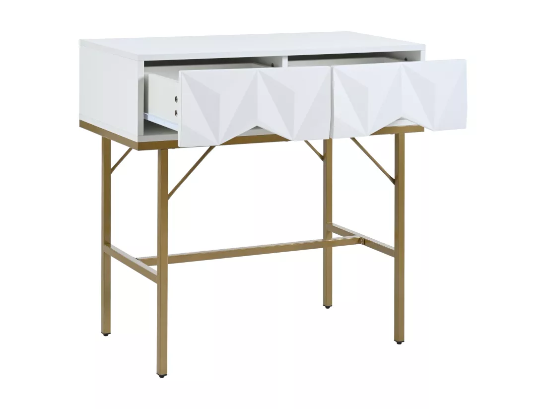 Table console moderne, design creux à 2 tiroirs, Blanc & Doré
