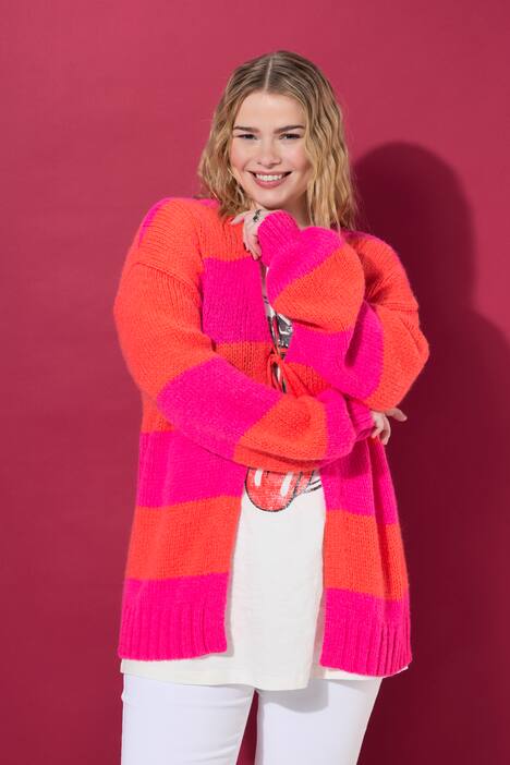 Strickjacke, oversized, Blockstreifen, Bindeband, pink
