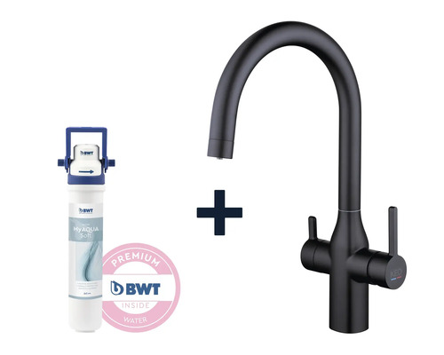 KEO NOA keukenkraan met filterfunctie, zwart, inclusief BWT MyAqua Soft filter en filterkop, filtert chloor, kalkaanslag en zware metalen