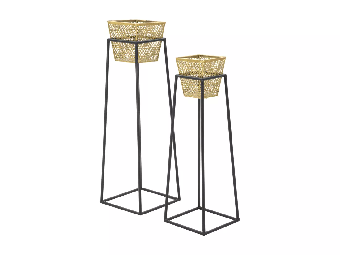 Lot de 2 porte-vases en métal doré avec socles 23x23x70-20x20x60 cm