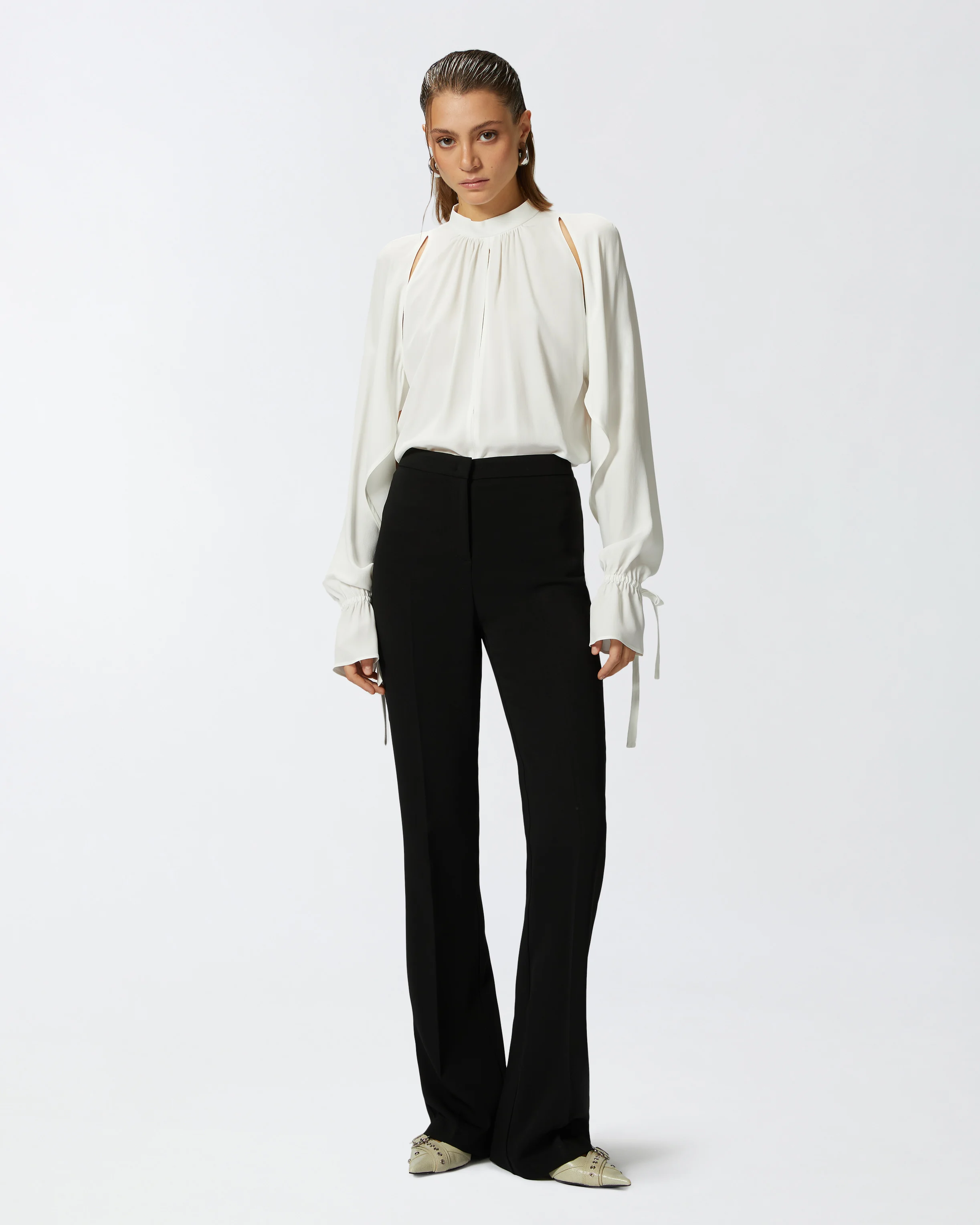 Blouse mélangée à manches volantées | Blanc