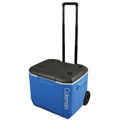 Caixa térmica rígida preta e azul de 60 Qt (56 L) com rodas