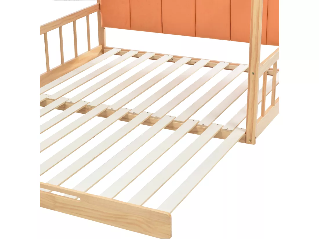 Lit gigogne 140x100/200cm en bois massif - avec tête en velours et sommier à lattes - Orange